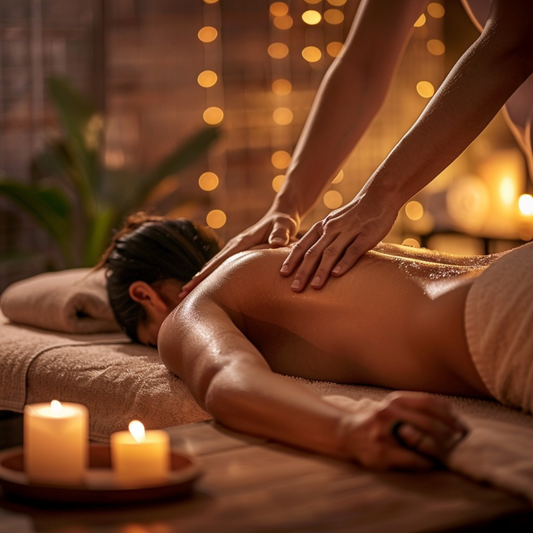 Une personne reçoit un massage  entourée de bougies allumées et de lumières douces, dans une atmosphère relaxante.