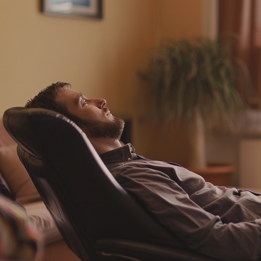 Séance d'hypnothérapie en cours : homme allongé sur une chaise longue en état de transe hypnotique