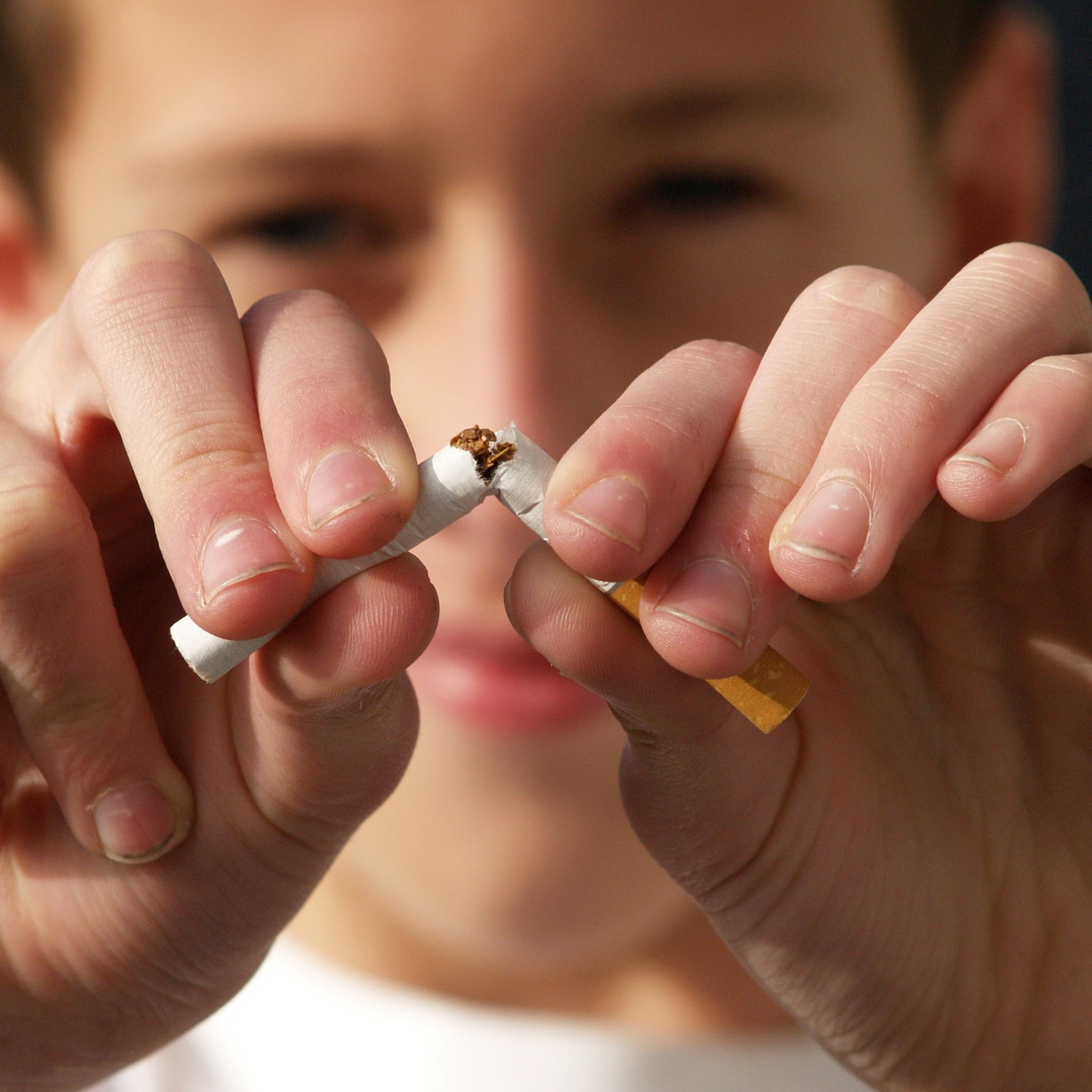 Jeune homme cassant une cigarette : geste symbolique du début d'un programme d'arrêt du tabac lors de la séance initiale"