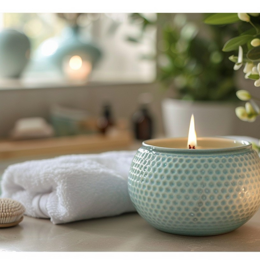 Bougie allumée entourée d'une serviette blanche et de plantes vertes, créant une ambiance relaxante.